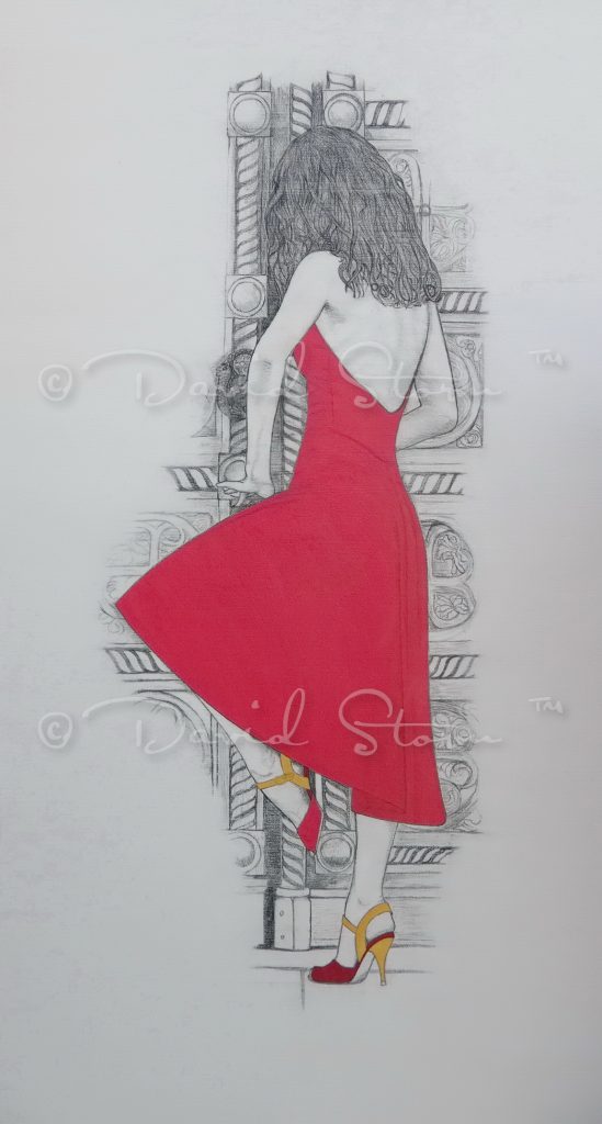 Red dress was inspired by a beautiful dancer I had the pleasure of photographing while in Sofia Bulgaria. Pencil and acrylic on Canvas. Approx. 139 cm x 74.5 cm