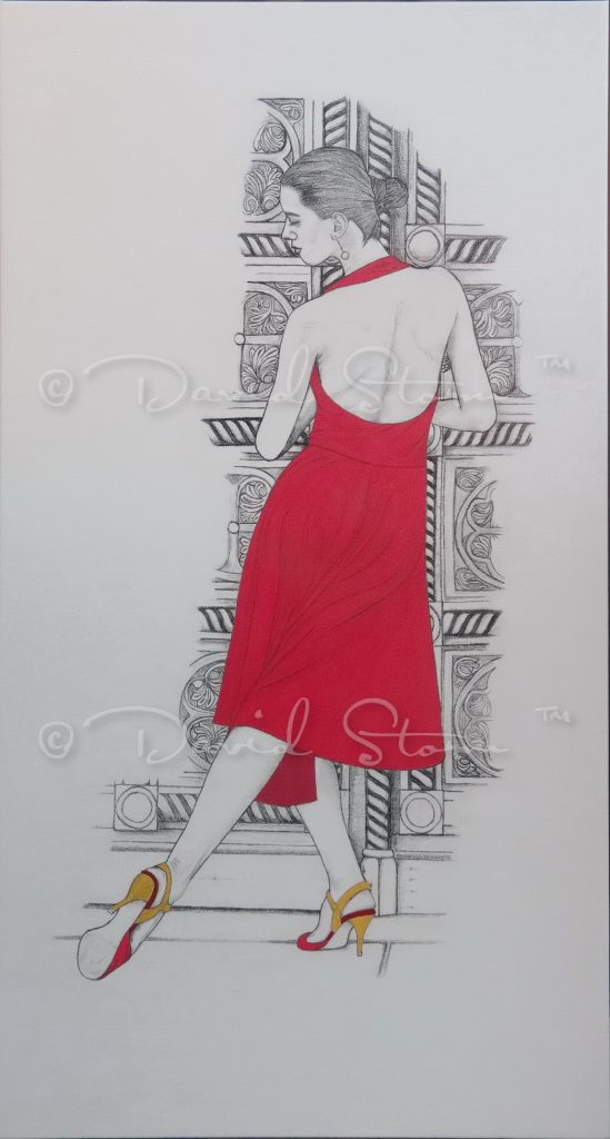 Red dress was inspired by a beautiful dancer I had the pleasure of photographing while in Sofia Bulgaria. Pencil and acrylic on Canvas. Approx. 139 cm x 74.5 cm.