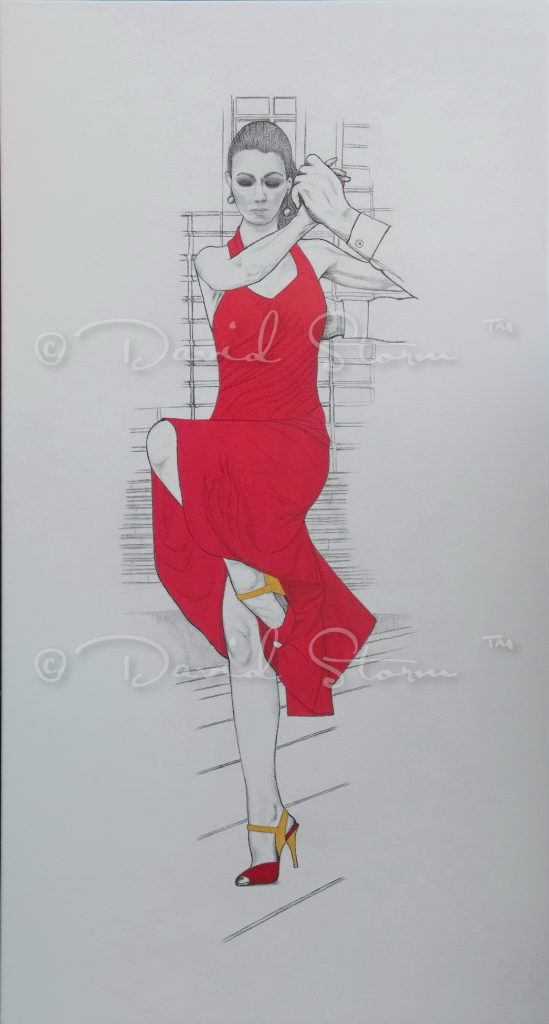 Red dress was inspired by a beautiful dancer I had the pleasure of photographing while in Sofia Bulgaria. Pencil and acrylic on Canvas. Approx. 139 cm x 74.5 cm.