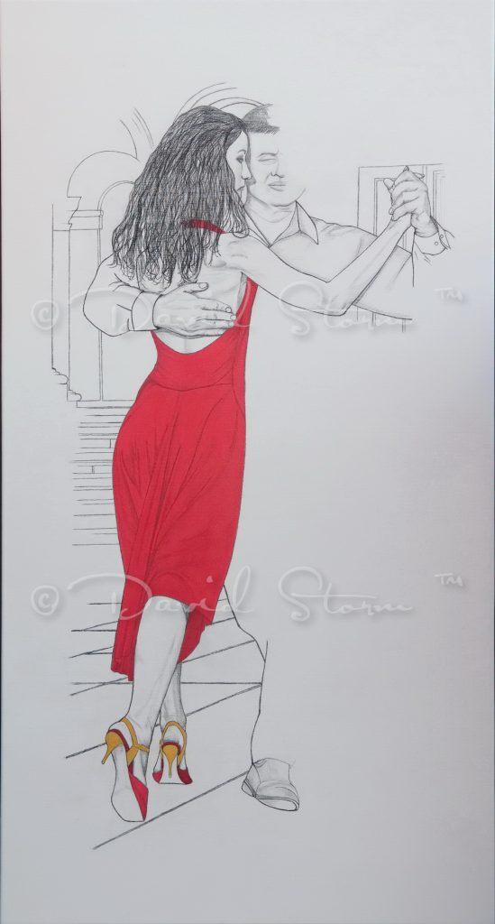 Red dress was inspired by a beautiful dancer I had the pleasure of photographing while in Sofia Bulgaria. Pencil and acrylic on Canvas. Approx. 139 cm x 74.5 cm.